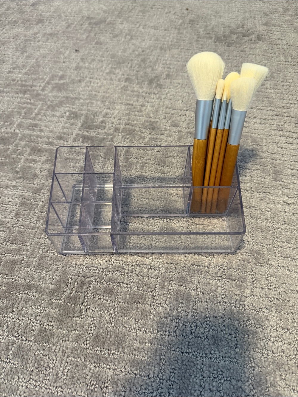 Clear Acrylic Makeup Organizer - Multi-Compartment Tray w/ Makeup Brushes